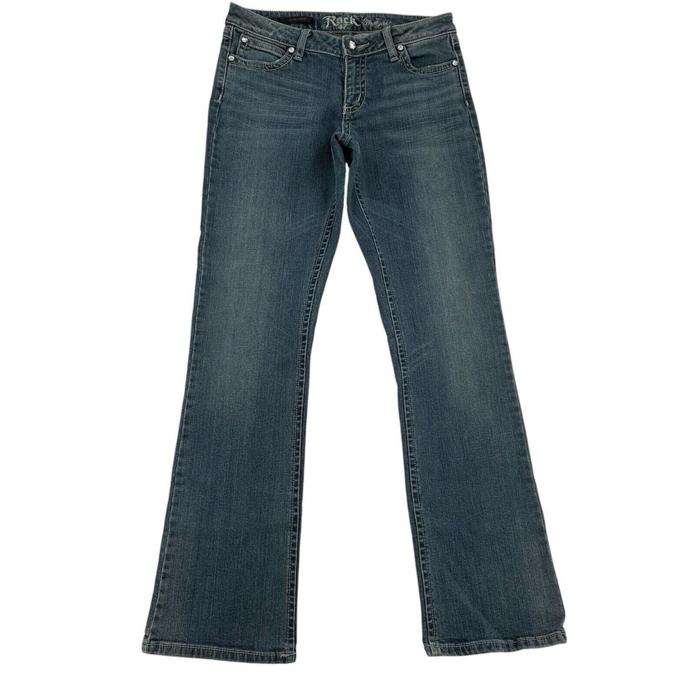 Rock 47 by Wrangler Women 7/8x32 Low Rise Bootcut Jeans Blue Rhinestone WJX42SG